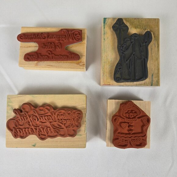 Set of 4 Christmas Themed Rubber Stamps and Black Ink Pad NWT - Picture 3 of 7
